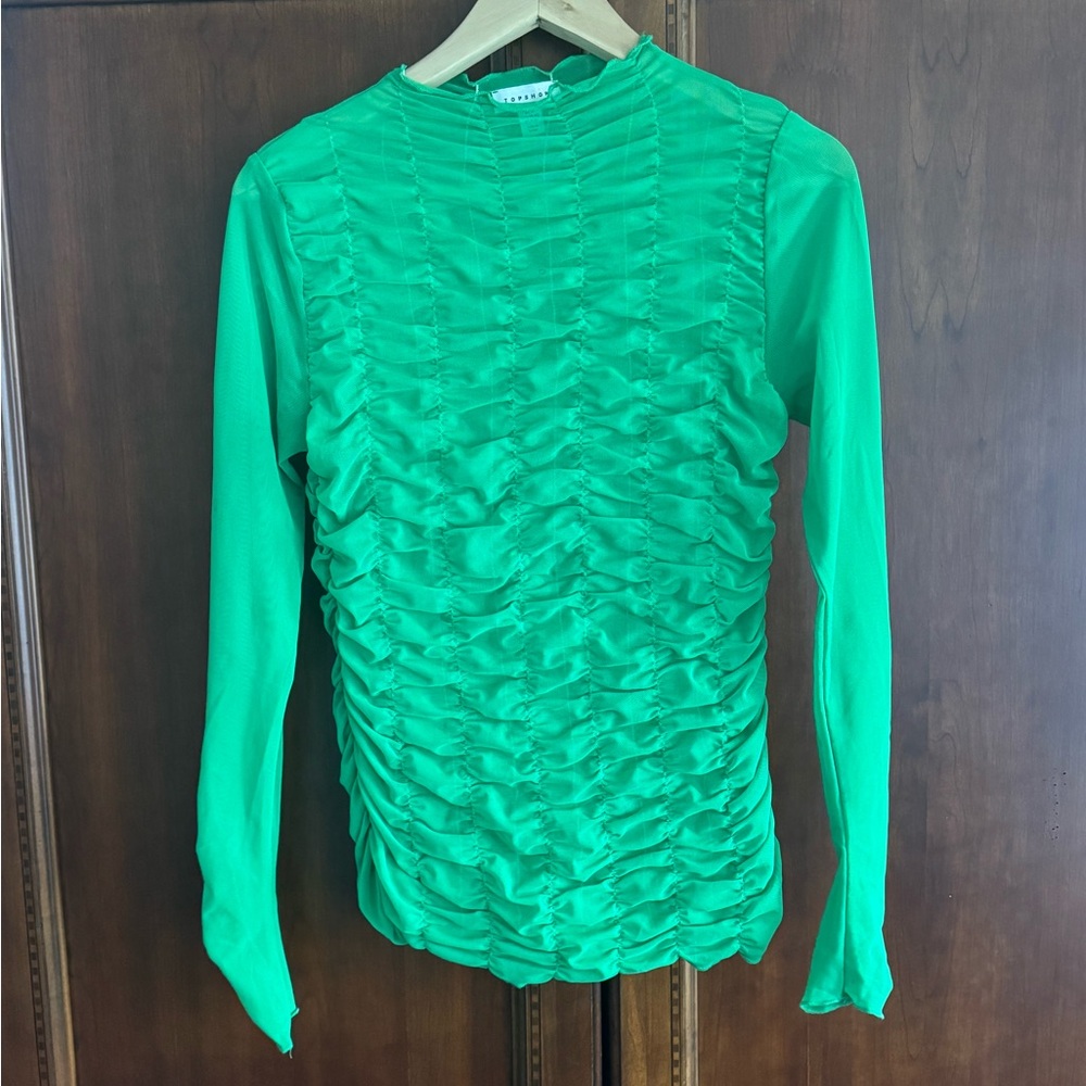 Topshop Kelley green long sleeve runched mesh shirt